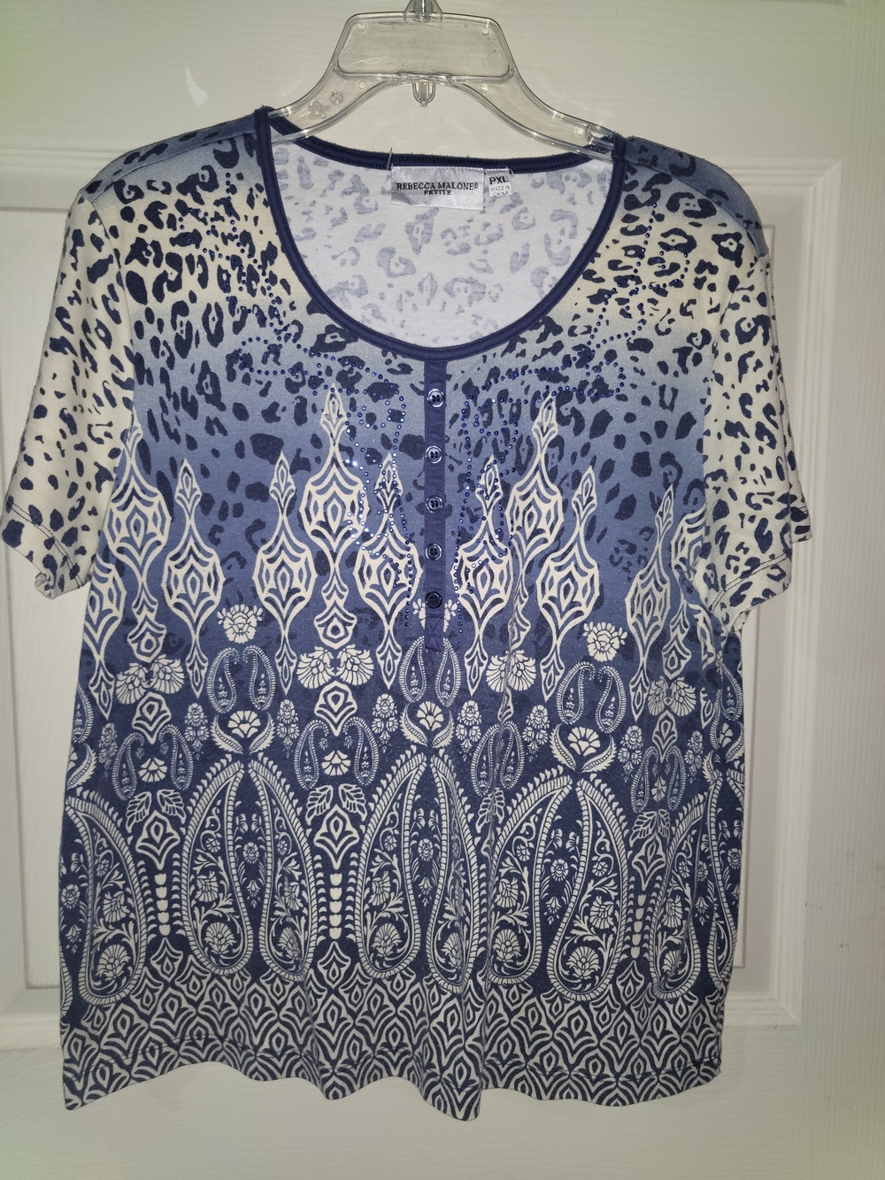 Blue Patterned Short Sleeve Women's Top by Rebecca Malone Petite, PXL